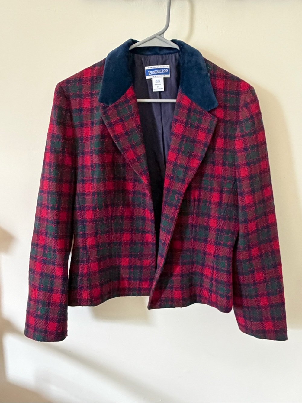 Pendleton Women's Red & Green Plaid Wool Jacket with Navy Collar